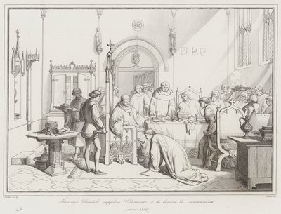 Francesco Dandolo beder Clement V om at ophæve ekskommunikationen af Italian School