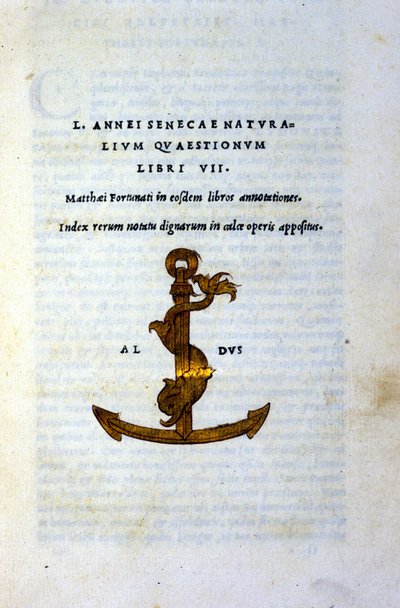 Frontispice af ""Naturalium Questionum Libri VII"" eller ""Natural Questionum Book VII"" af Filosoffen Seneque eller Lucius Annaeus Seneca (2 f.Kr. - 65 e.Kr.). JC), trykt i 1503 af Aldo Manuzio (Alde Manonce) (1450 - 1515), venetiansk lærd og bogtrykker. af Italian School