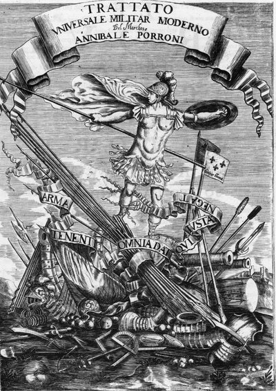 Frontispice af "Modern Universal Military Treaty" "(Modern Universal Military Treaty) fra 1676 af Italian School