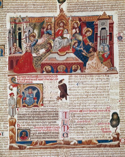 Frontispice side af manuskriptet til "Decret de Gratien" ("Concordia discordantium canonum" eller "Decretum Gratiani") fra 1140 og regulerer love og kanoner for den romersk-katolske kirke. 1300-tallets Siena, Biblioteca degli Intronati af Italian School