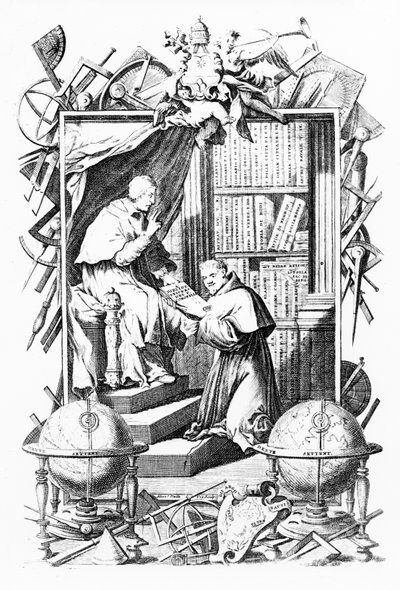Frontispice for Sacred-Profane Universal Library, bind 1 af Vincenzo Coronelli, tryk lavet af Alessandro dalla Via, udgivet 1701 af Italian School