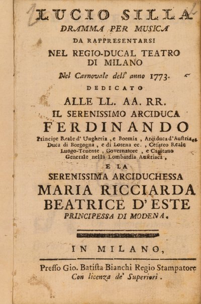 Frontispice fra Mozarts Lucio Silla, opført i Milano i 1773 af Italian School