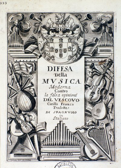 Frontispice af forsvar af moderne musik: mod den falske mening fra biskop Cirillo Franco, af kong James IV af Portugal af Italian School