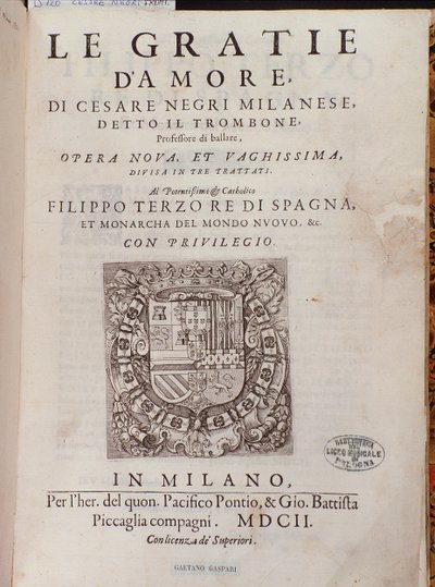 Frontispice af Le Gratie dAmore (Le Grazie dAmore) af den italienske danser Cesare Negri kaldet Il Trombone (1536-1604), traktat om dans af Italian School