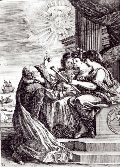 Frontispice af Opere di Galileo Galilei, udgivet i Bologna i 1656 af Italian School