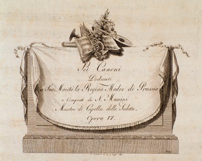 Frontispice af musikpartitur af Sei canoni af den italienske komponist Natale Mussini (1765-1837) dedikeret til Dronningen af Preussen af Italian School