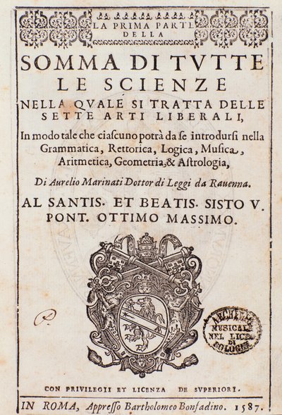 Frontispice taget fra Sum of all sciences, essay om liberal arts, af Aurelio Marinati af Italian School