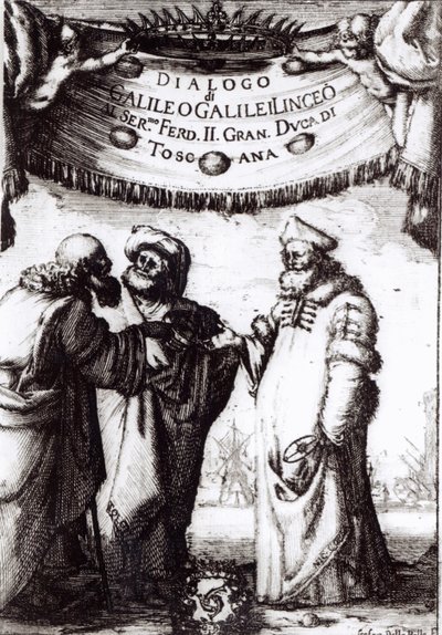 Frontispice til Dialog om de to største systemer i verden af ​​Galileo, udgivet i 1632 af Italian School