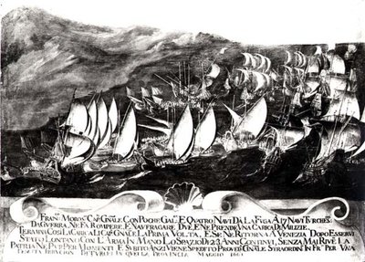 General Francisco Morosini (1618-94) og den venetianske flåde i et møde med den tyrkiske flåde ud for Kretas kyst, maj 1661 af Italian School