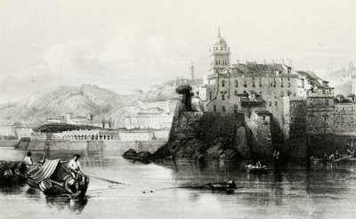 Genova marinamur med Villa Doria Pamphili i baggrunden, gravering, ca 1850, Italien af Italian School