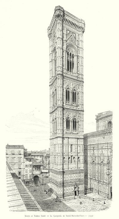Giotto og Taddeo Gaddi, Campanile of Sainte-Marie-des-Fleurs (gravering) af Italian School