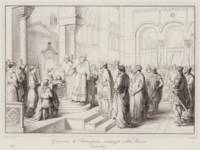 Giovanni II Partecipazio giver afkald på hertugdømmet, 887 (gravering) af Italian School