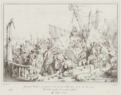 Giuseppe Dolfino, får besætningen på sit skib til at sværge at sætte ild til pulveret i stedet for ... (gravering) af Italian School