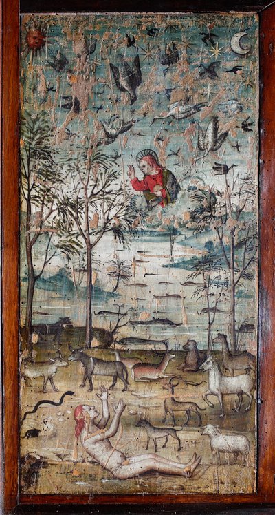 Gud skaber Adam, dyr, land, himmel og vand Træmaleri, der dekorerer et skabspanel af det gamle sakristi Bramante (Maleri i Bramantes sakristi) Basilica di Santa Maria delle Grazie, Milano, Italien af Italian School