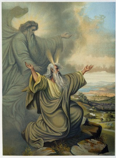 Gud viser Moses det forjættede land - i "Classic Golden Bible: History of Divine Revelation in the Ancient and New Tension" "af Giovanni Ladislao Sykora (bind 1), oversat af Don Clemente Benetti. (italiensk bibel) af Italian School