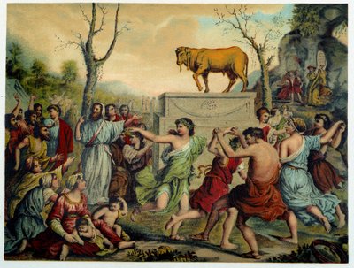 Guldkalv i "Golden classic Bible: history of divine openbaring in the old and in the new striving" af Giovanni Ladislao Sykora (bd. 1), oversat af Don Clemente Benetti. (italiensk bibel) af Italian School