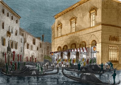 Gondolierer venter på tilskuere uden for Teatro La Fenice, Venedig, Italien, fra Le Monde Illustre n°564, 1868 af Italian School