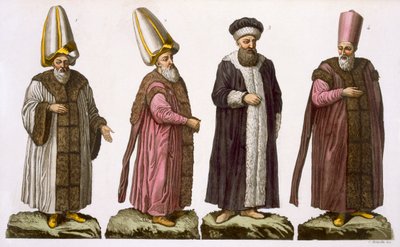 Grand Visir, Caim-Mecam, Reis-Efendi og Khodjakian, plade 15 fra del III, bind I af Nationernes historie, indgraveret af C. Botticella (akvatint) af Italian School