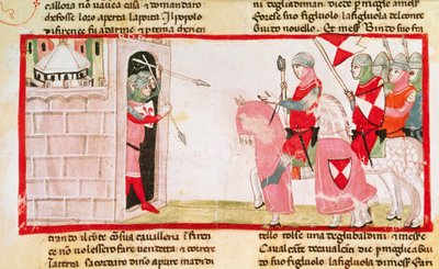Guelfs blokerer Ghibellines fra at komme ind i byen igen, miniature fra Cronica (Chronicles) af Giovanni Villani, manuskript, Italien 14. århundrede. af Italian School