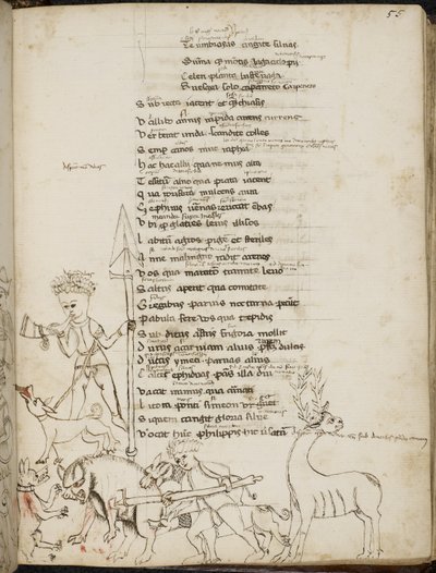 Harley 2453, f.55 En jagtscene med en orne, en kronhjort, jægere, hunde og en hare, fra 
