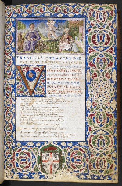 Harley 3567, f.9 Miniature of Petrarch and Laura, med kærlighed rettet sin pil mod Laura, fra 