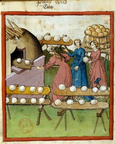 Sundhedsmanual: bagning af brød. Miniature af manuskriptet "Tacuinum Sanitatis", Lombardiet, 3. kvartal af det 14. århundrede. Paris, B N af Italian School