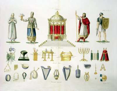 Hebraisk Levi, præst, konge og soldat med hellige møbler og musikinstrumenter, plade 2, klasse 1 fra del I af Nationernes historie, indgraveret af Marco Comirati (ca. 1800-69) (akvatint) af Italian School
