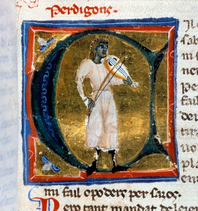 Historikerbrev (bogstav A). Perdigon-troubaduren spiller den gamle mand. Minature taget fra manuskriptet "" Chansonnier provencal"" (Folio 36), skrevet af Perdigon og kopieret af Atelier of Venice-Padua af Italian School