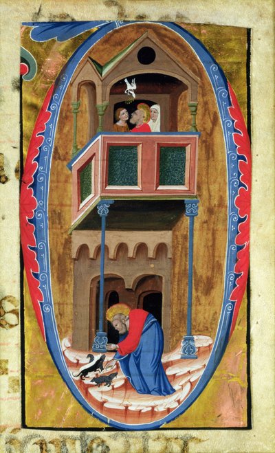 Historikert initial D, der viser scener fra Legend of a Saint, slutningen af det 14. århundrede, af Italian School