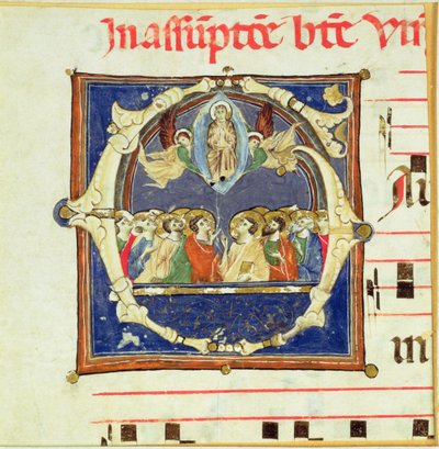 Historikert initial G, der viser Jomfruens antagelse af Italian School