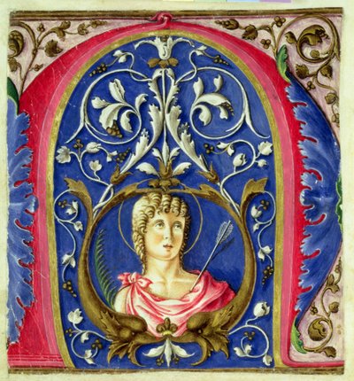 Historikert initial N afbilder St. Sebastian af Italian School