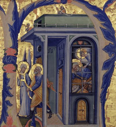 Historikeret initial N, der forestiller befrielsen af St. Peter af Italian School