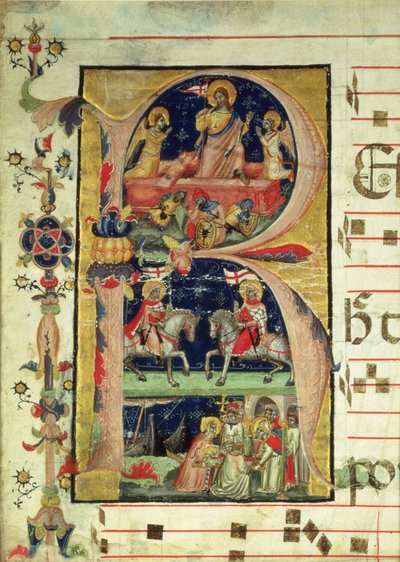 Historikert initial R, der viser opstandelsen, to ridderhelgener og en biskophelgen, der modtager relikvier af Italian School