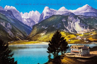 Hotel Molveno med Brenta Group og Val delle Seghe, postkort, Trentino-Alto Adige, Italien, 20. århundrede af Italian School
