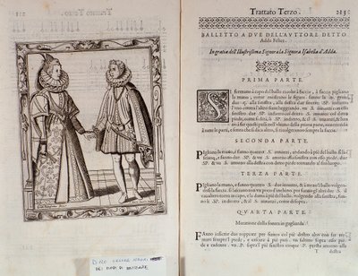 Sådan danser du en ballet for to Dobbeltside af Le Gratie dAmore (Le Grazie dAmore) af den italienske danser Cesare Negri kaldet Il Trombone (1536-1604), traktat om dans af Italian School