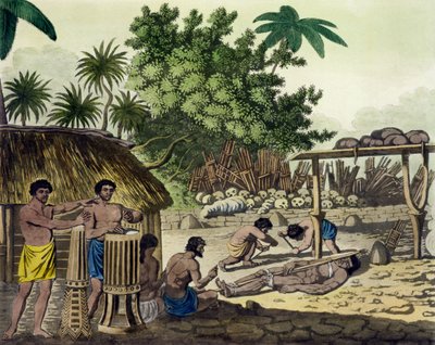 Menneskeofring ved Otaheite, plade 84 fra Le Costume Ancien et Moderne, af Jules Ferrario, udgivet ca. 1820