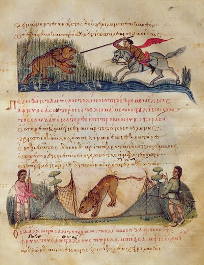 Jagt med spyd og fælder, illustration fra Cynegetica af Oppian (tempera på vellum) af Italian School
