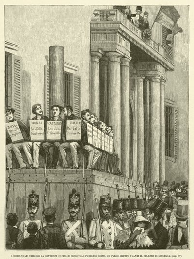 De dømte hørte dødsdommen udsat for offentligheden over en scene opført foran Justitspaladset (gravering) af Italian School