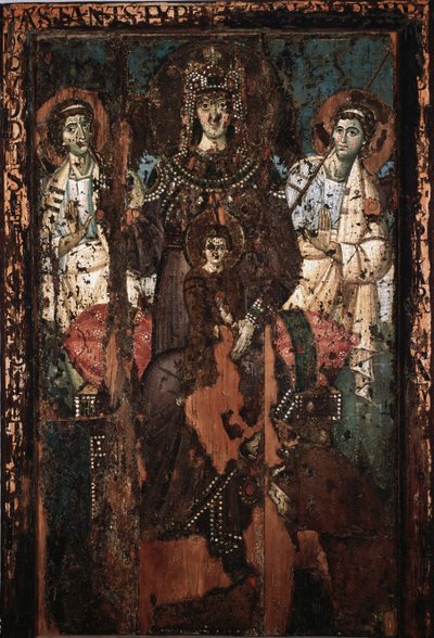 Ikon af Jomfruen af Clemence eller Madonna Theotokos Painting a l"encaustic et tempera 8th century Church of Saint Mary in Trastevere af Italian School