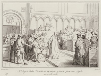 Doge Pietro Candiano III beder om nåde for sin søn, 958 (gravering) af Italian School