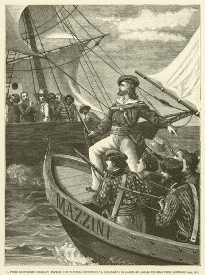Det første skibsværft kaldet Mazzini, med republikansk flag, kommanderet af Garibaldi, Assale An Imperial Brigantion (gravering) af Italian School