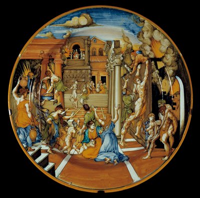 Iliaden af Homere: fajancefad, der repræsenterer Trojas ild. realiseret i Faenza. 1525-1530. Paris, Louvre-museet af Italian School