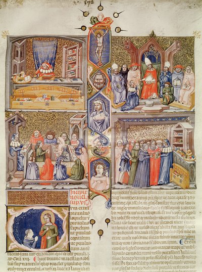 Illumination opdelt i fire scener: En juristkonsulent ved sit bord; En pave bliver tilbudt en bog; En lektion i et jurakollegium; En boghandel med en historisk hovedstad med St. Catherine og en Or af Italian School