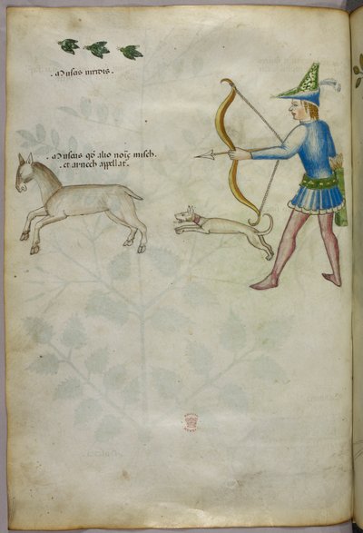 Illustration af en mand med bue, der skyder mod et dyr, med en hund og fugle over, ca. 1440 (blæk og farve på pergament) af Italian School