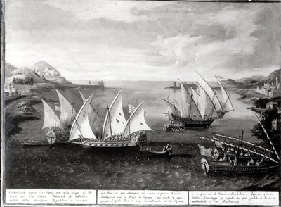 Hændelse ud for Patras mellem den venetianske kaptajn Ivanovich da Dabrota og den tyrkiske pirat Barbarossa, 17. april 1751 af Italian School