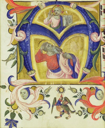 Indledende A, der forestiller Jesus Kristus og en helgen, tidligt på den 14 af Italian School