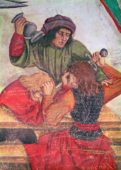 Interiør af en kro, detalje af drikkende, der kæmper (fresco) af Italian School