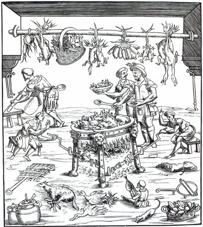 Interiør i et italiensk køkken, efter træsnit i Banchetti composidi di Vivende af Christoforo di Messisburgo, udgivet 1549 af Italian School