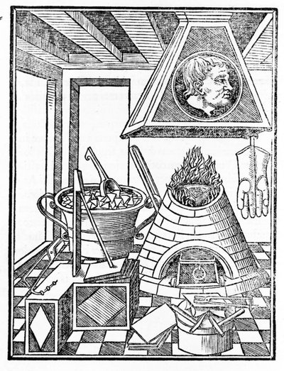 Indvendigt billede af et metallurgiværksted Gravering fra "Voarchadumia contra alchimiam ars distincta ab archimia et sophia.." af Giovanni Agostino Pantheo (1517-1535) af Italian School