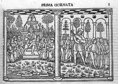 Indledning: Repræsentation af forfatteren til Decameron omgiver ti unge mennesker. Illustration af den første dag af Decameron (1349-1351) af Giovanni Boccaccio eller Jean Boccace (1313-1375), gravering i "" Decamerone ouer Cento nouelle"" Venedig, Bartol af Italian School